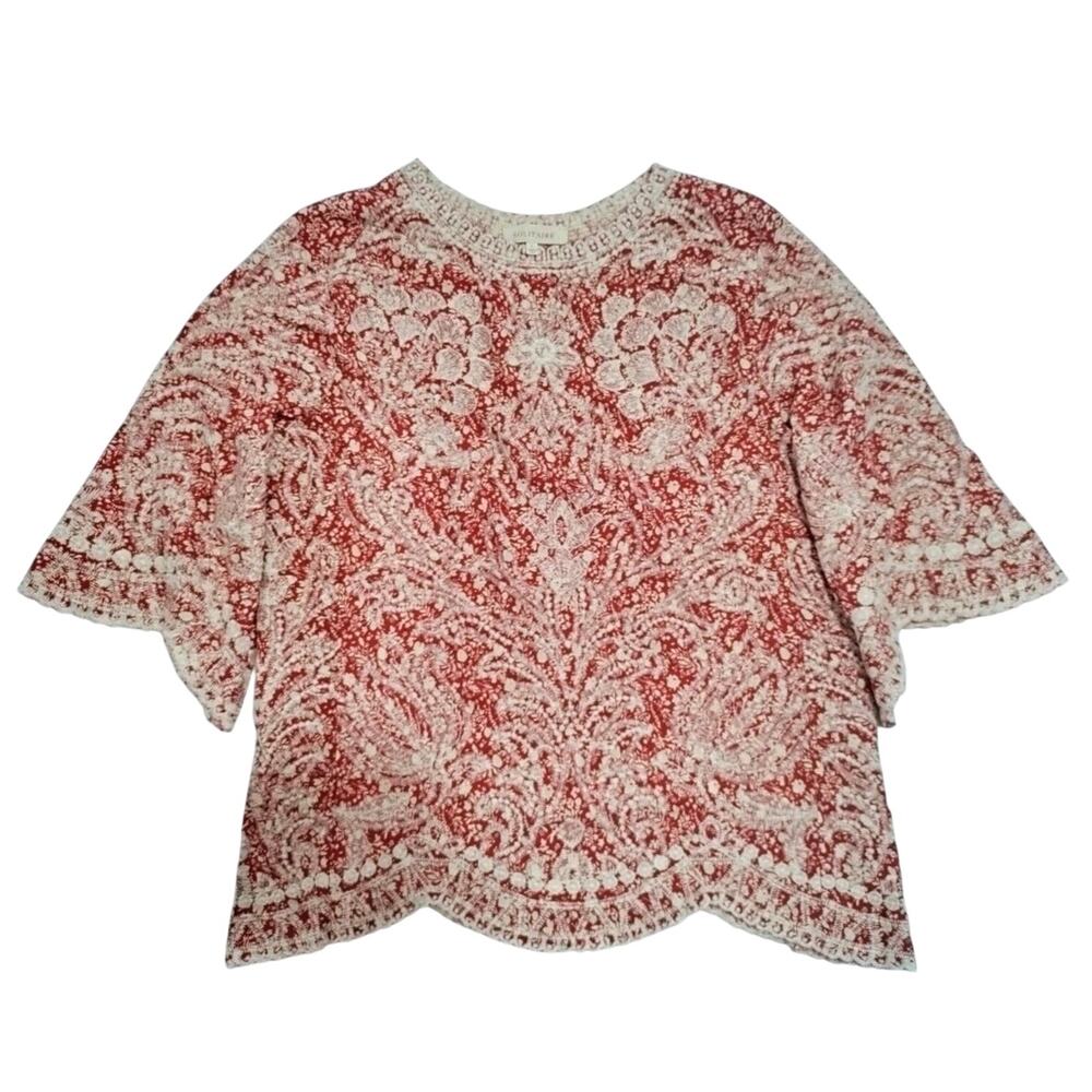 Solitaire Heavily Embroidered Red Top Blouse L Boho Pullover L Scallop Edge
